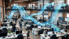 Modern open-plan office showing employees working in sales, marketing, engineering, product development, customer support, and operations with arrows illustrating communication flows between departments